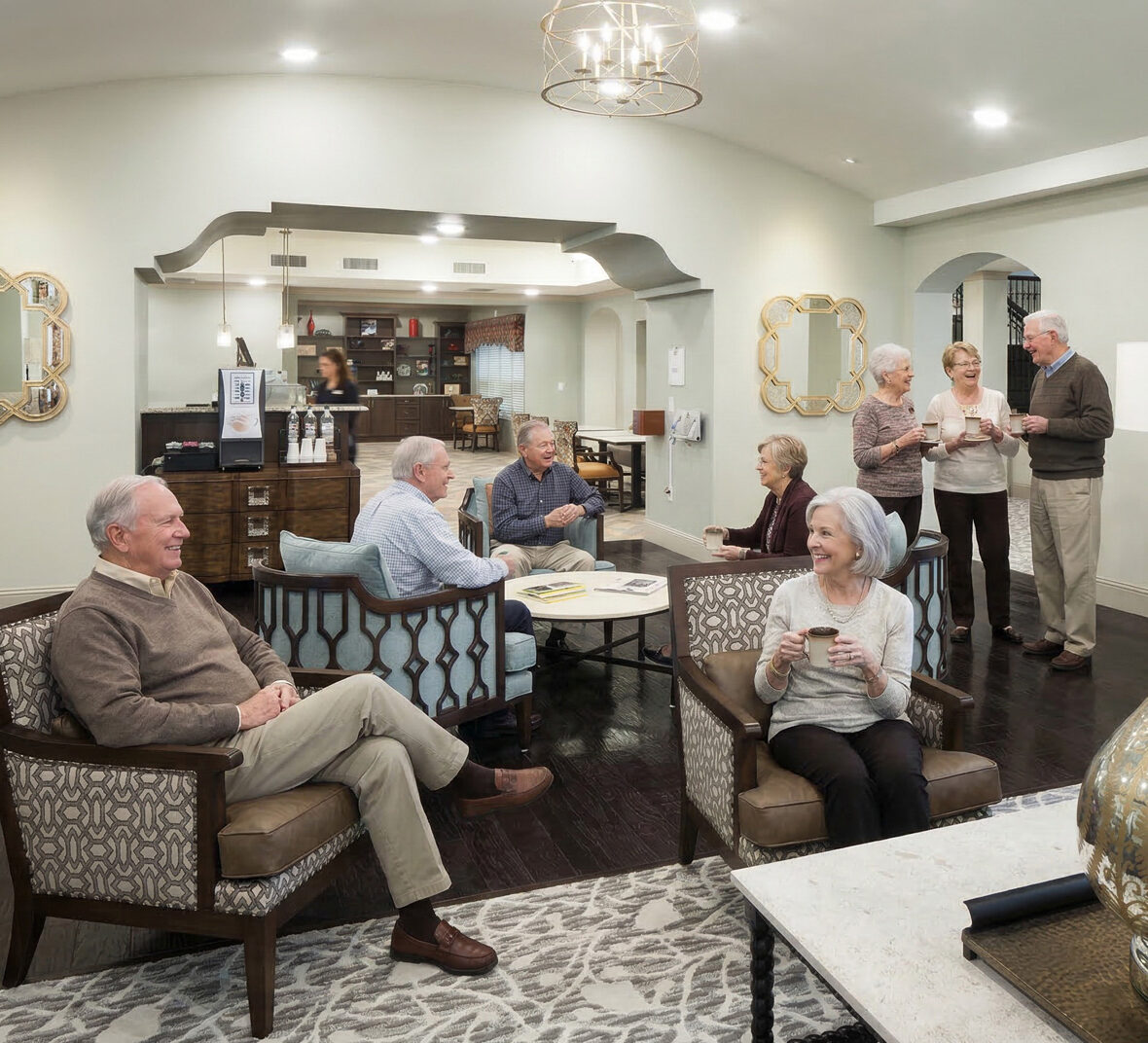 Seniors socializing in comfortable community lounge