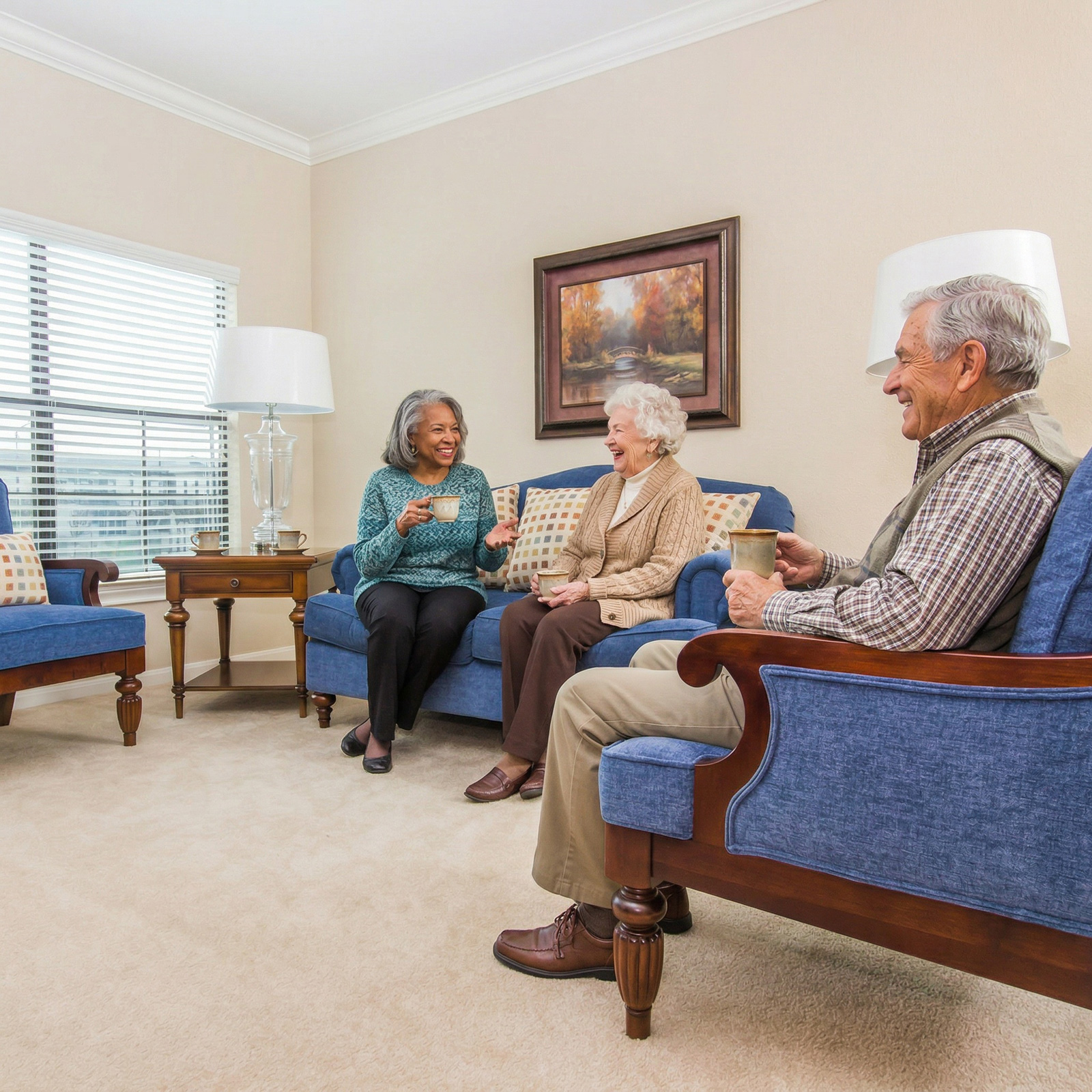 Three seniors chatting over tea in living room