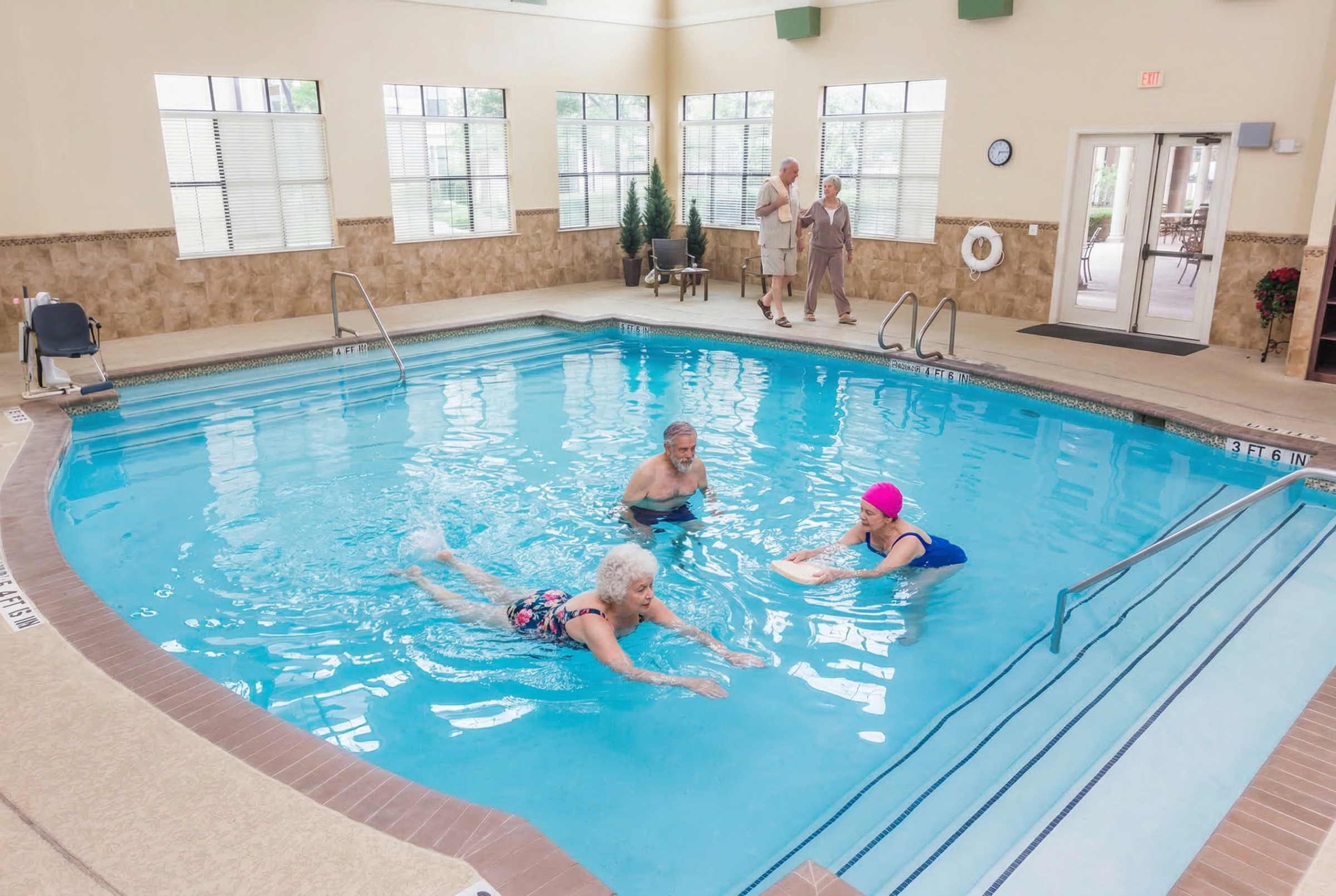 Seniors exercising in indoor community swimming pool