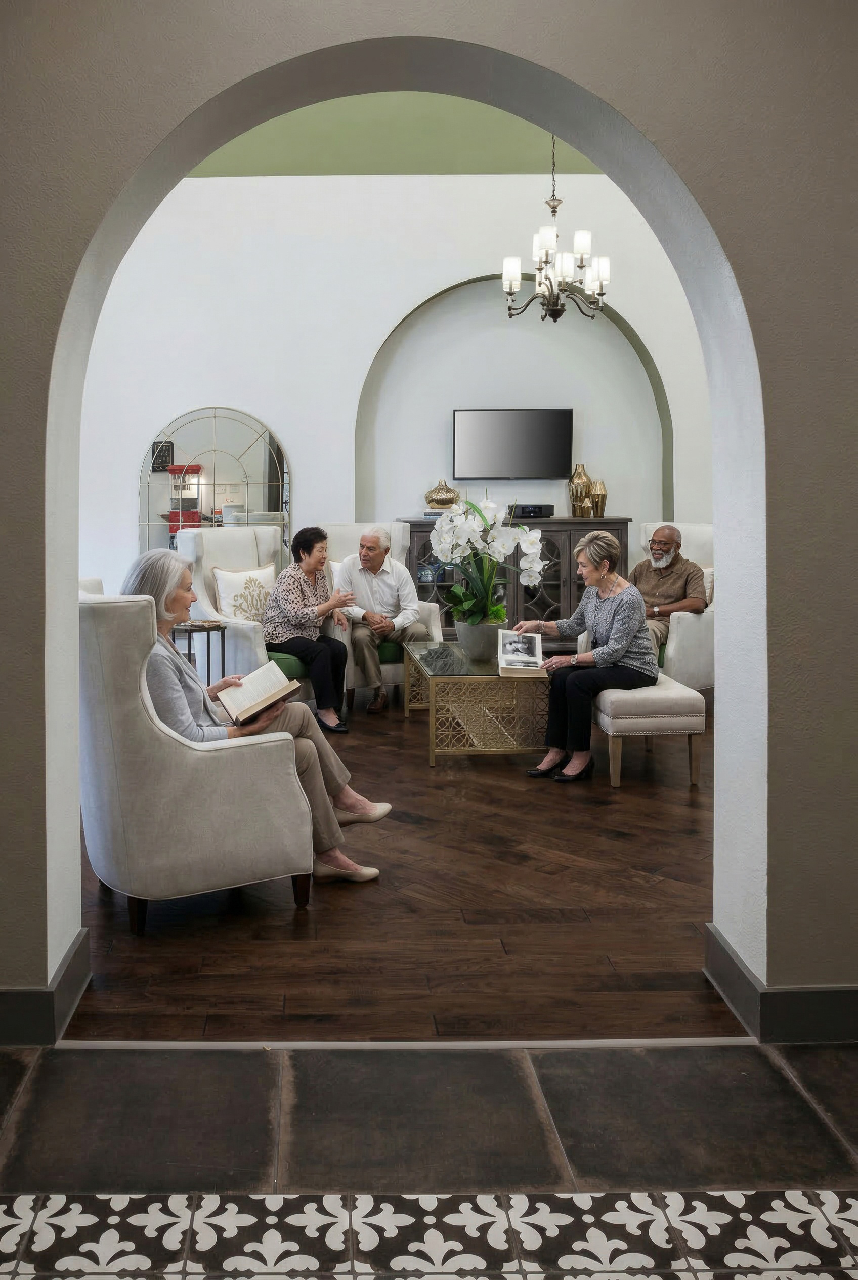 Seniors socializing in elegant living room