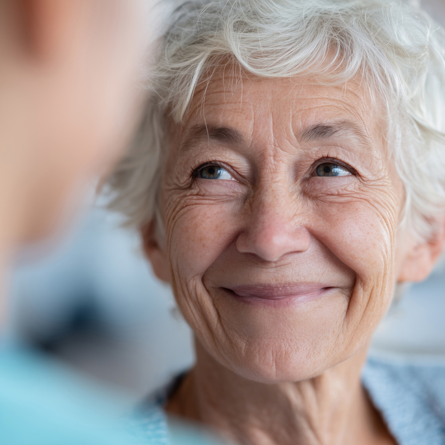 Smiling elderly woman with short gray hair