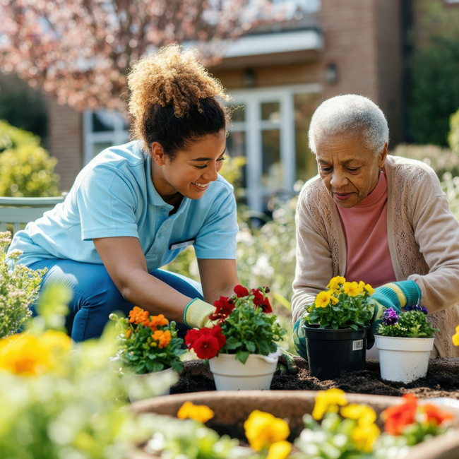 Young woman helping senior plant flowers in garden