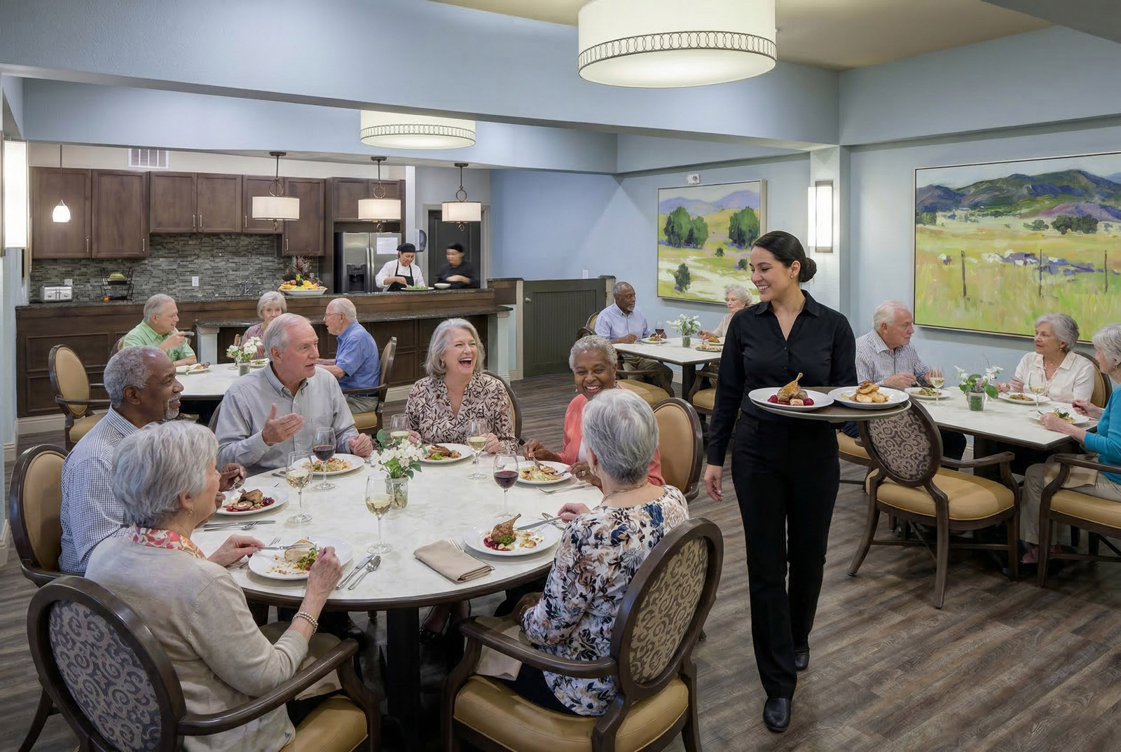 Seniors dining together in assisted living restaurant