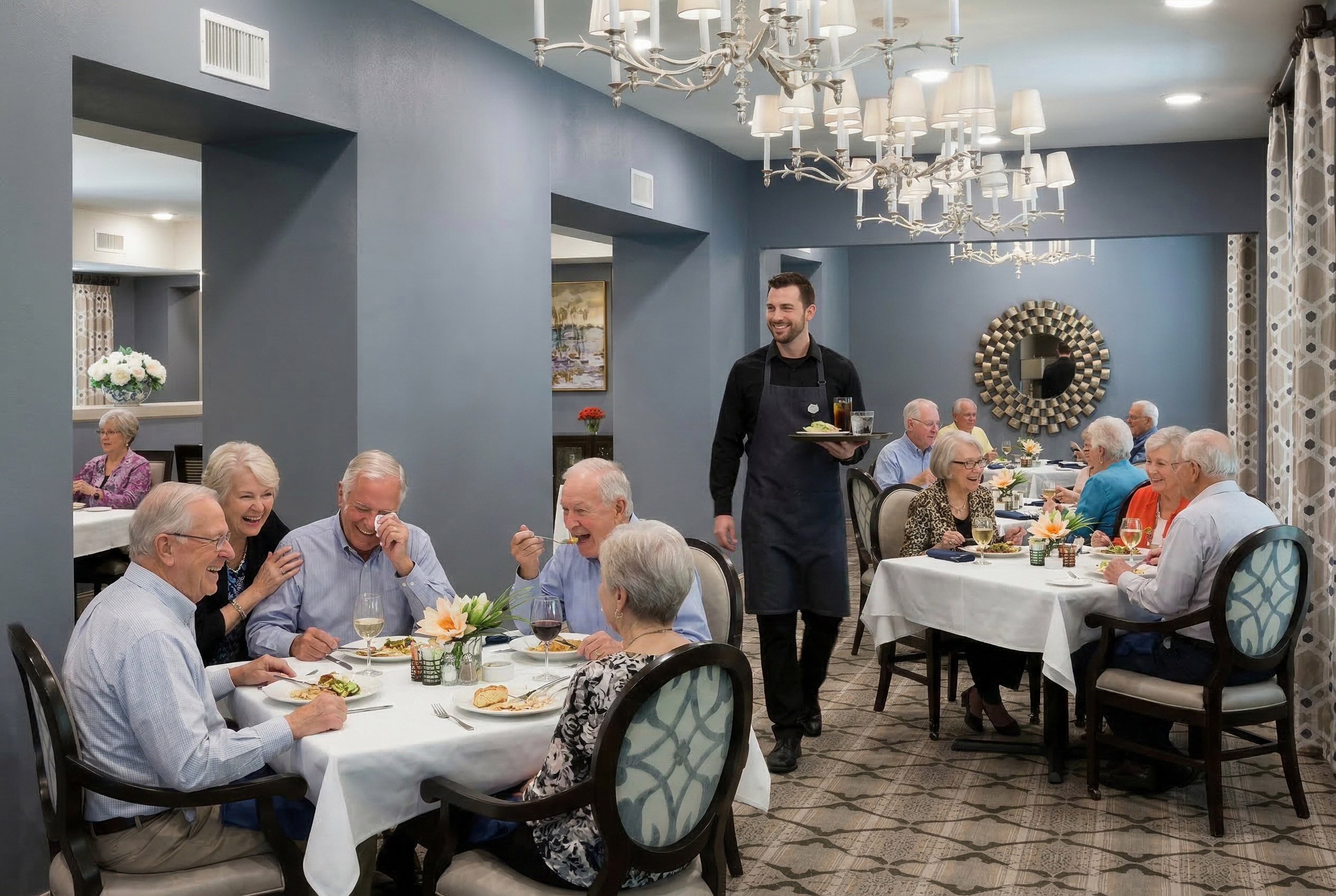 Seniors dining together in elegant restaurant setting