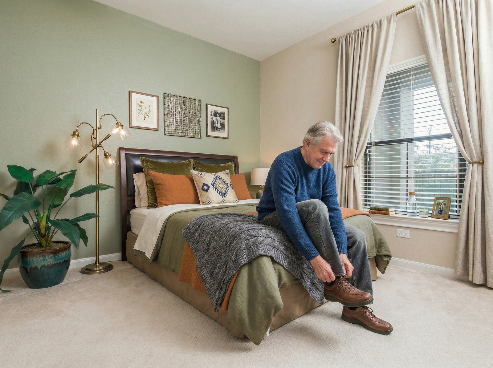 Older man tying shoes on bed