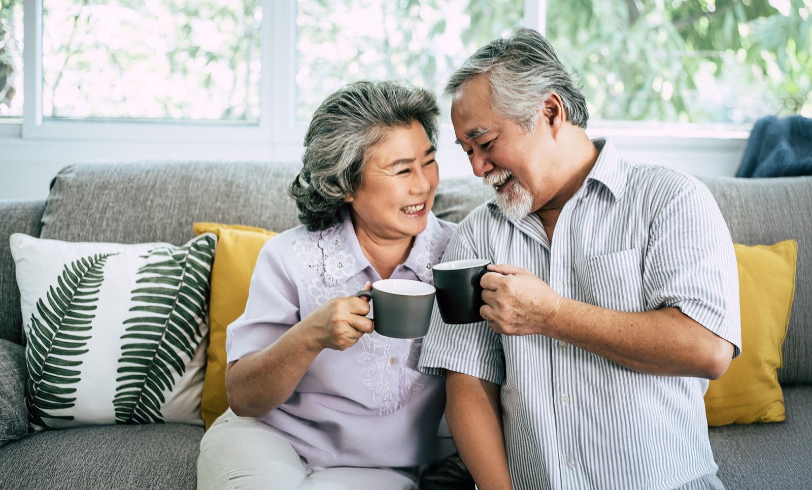 Smiling senior couple toasting coffee on couch