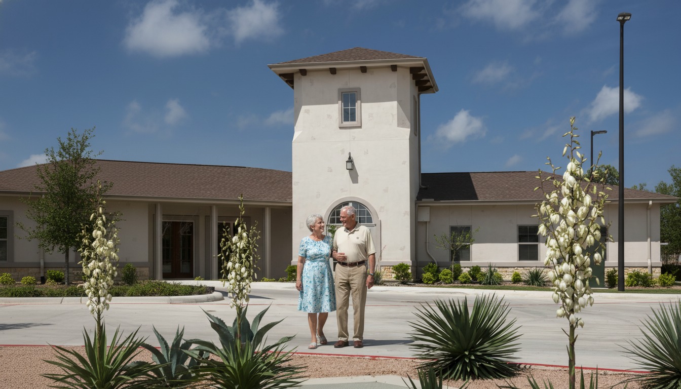 Elderly couple standing outside residential community building