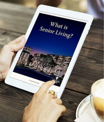 Person holding tablet displaying senior living information