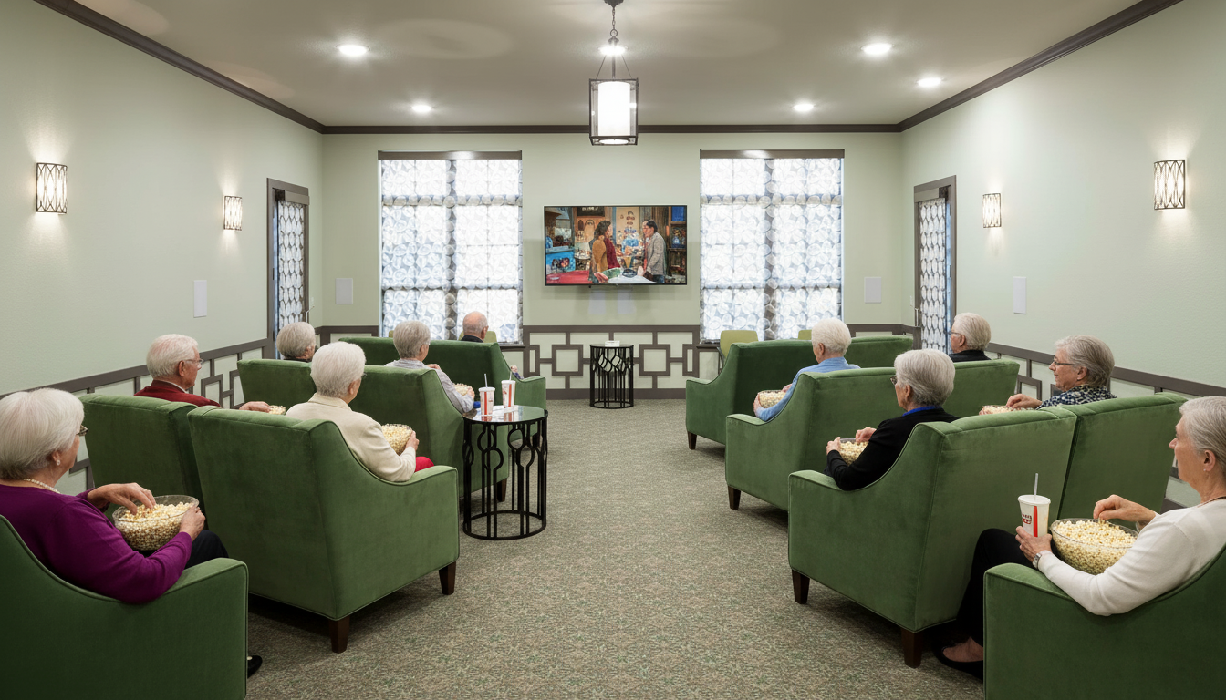Seniors watching television in cozy lounge