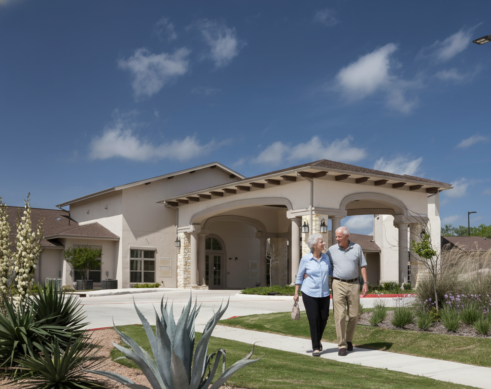 Senior couple walking outside retirement community building